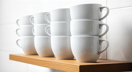 Stacked white ceramic mugs on a wooden shelf, kitchen decor.