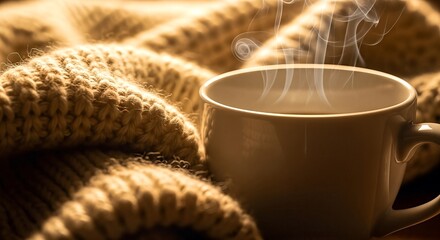Warm cup of coffee with steam on a cozy knitted blanket.