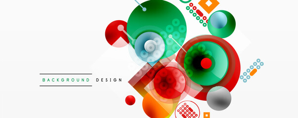 Dynamic composition features vibrant circles, squares, lines. Modern abstract design with overlapping shapes, gradients, textures.