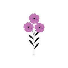 Three purple phlox flowers with dark stems and green leaves on white background &mdash; flat minimal vector floral design