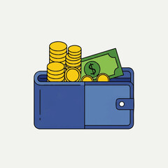A flat, minimal 2D vector illustration of a blue wallet filled with stacked gold coins and a green dollar bill, symbolizing finance and wealth