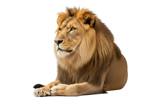 Majestic Adult Male Lion with Golden Brown Mane Lying Down, Facing Camera Frontally, a Symbol of Power and Wildlife, isolated on transparent background.
