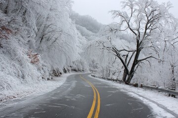 Asheville Winter: Snow and Ice Cover Blue Ridge Parkway Road, Creating Cold Landscape in White Forest