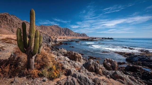 Atacama Desert Cactus. Beautiful Arid Coastline of Pan de Azucar National Park in Chile