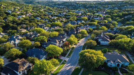 Austin Homes at Sunset in Suburban Neighbourhood with Aerial View