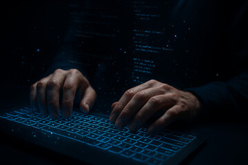 Cybersecurity Hacker Coding on Futuristic Laptop