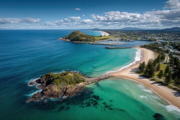 Fototapeta premium Australia Coffs Harbour. Aerial view of Beach and Harbor with Stunning Ocean Views