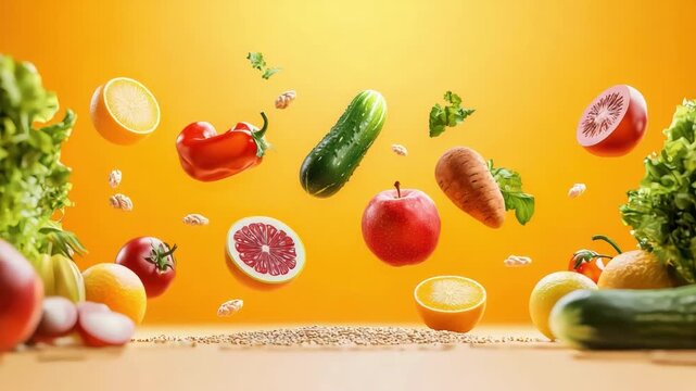 Colorful floating vegetables and fruits with bright background showcasing fresh produce and healthy food concept