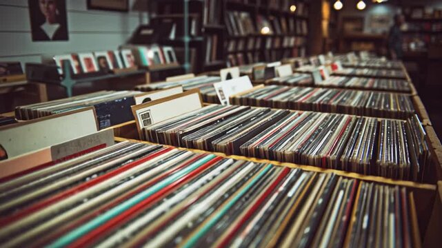 4k video of aisle product showcase for vinyl record in a music vintage shop. Concept of commercial presentation for retail product sale.