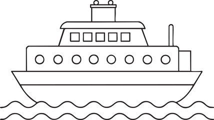 Fototapeta premium Ferry boat on wavy water outline illustration representing nautical adventure and transport