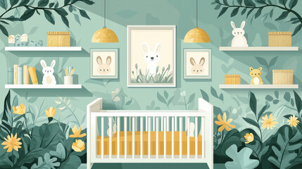 Obraz premium Gentle baby nursery room featuring pastel tones and minimalist decor evokes peaceful