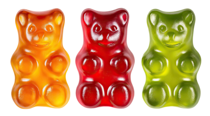 Three translucent colorful gummy bear candies on black