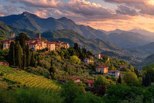 Barga Italy Landscape: Sunset Scene in Tuscany Countryside Vinery