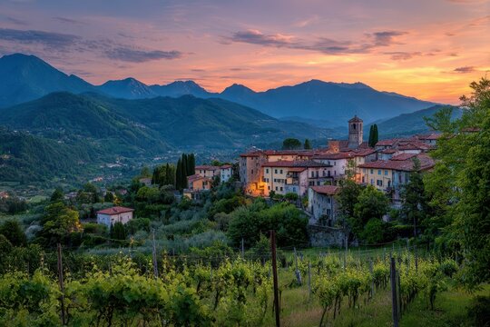 Barga Italy Sunset Landscape. Picturesque Italian Countryside Scene in Tuscany with Vineyard Views