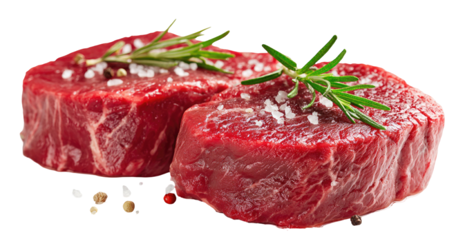 Two raw beef steaks seasoned with rosemary and peppercorns