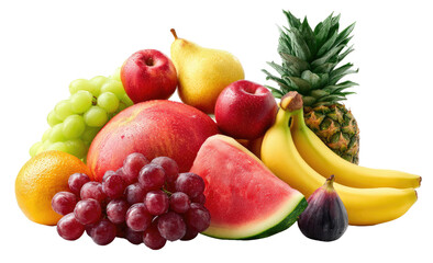 A vibrant assortment of fresh, ripe fruits, including berries, tropical