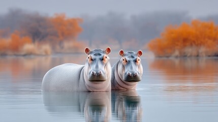 Two Hippos Submerged in Calm Water Amidst Autumn Trees with Orange Foliage Under Soft Natural Light and Reflections