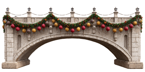 Stone bridge decorated with Christmas garland and lanterns, creating a festive holiday scene with traditional decorations and architectural detail