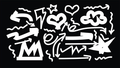White hand drawn doodle elements on black background