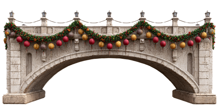 Stone bridge decorated with Christmas garland and lanterns, creating a festive holiday scene with traditional decorations and architectural detail