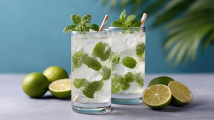 Two refreshing glasses of lime and mint soda with ice and fresh limes and mint leaves on a table with a tropical palm leaf in the background.