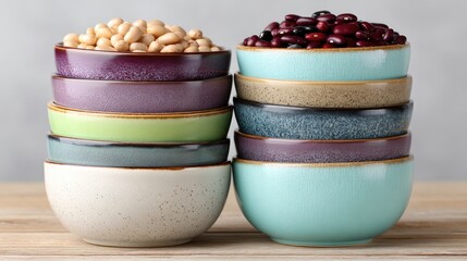 Two Stacks of Ceramic Bowls Filled With Assorted Beans Against a Neutral Background Detailed Studio Shot With Natural Lighting