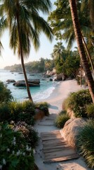 Tropical Morning Beach Pathway With Palm Trees Turquoise Water Ocean Waves Rocky Shoreline Lush Greenery and Gentle Sunlight
