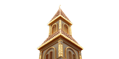 Ornate church steeple with cross illuminated by festive lights against black background Concept of Christmas, religion, architecture, and holiday season