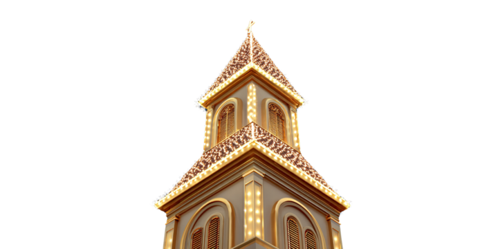 Ornate church steeple with cross illuminated by festive lights against black background Concept of Christmas, religion, architecture, and holiday season