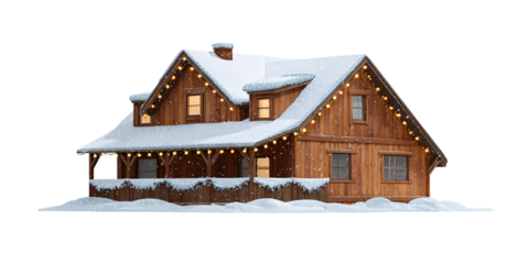 Cozy wooden cabin covered in snow with festive Christmas lights, creating a warm and inviting winter holiday scene Concept of home, celebration, and winter season