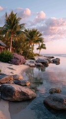 Tropical Shoreline At Twilight With Golden Light Reflecting On Calm Ocean Water And Palm Trees With Pink Clouds In The Sky