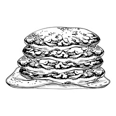 Stacked pancakes on raku clay dish, flapjacks and breakfast crepes. Isolated illustration hand drawn in vector ink. Patisserie labels, culinary printables, dessert sticker designs, cafe menu graphics.