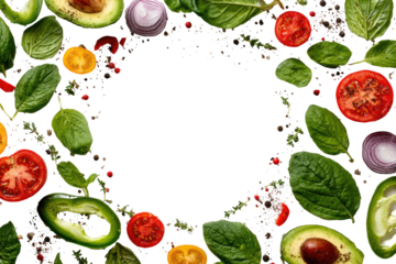 Fresh vegetables and herbs arranged in a circular border on black