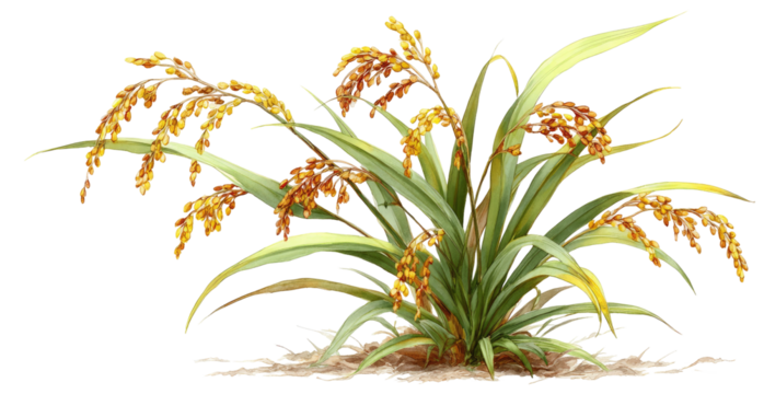 Golden ornamental grass with flowing leaves and seed heads