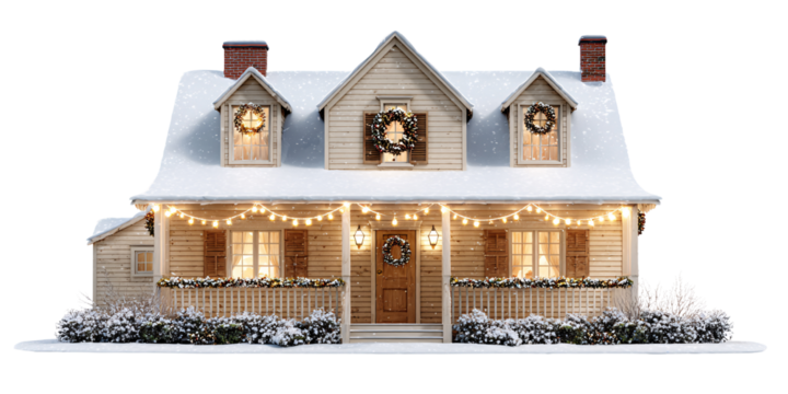 Cozy house exterior decorated with Christmas wreaths and string lights covered in snow during winter season, creating a festive and inviting holiday atmosphere - Powered by Adobe