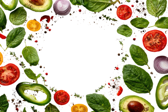 Fresh vegetables and herbs arranged in a circular border on black