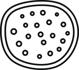 Simple line art icon of a round fruit with small circles, suggesting either seeds or air bubbles trapped within its flesh