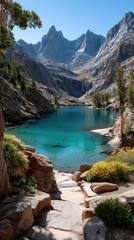 Turquoise High Altitude Alpine Lake Surrounded by Jagged Granite Peaks and Lush Greenery Under a Clear Blue Sky