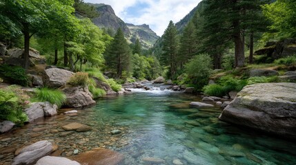 Turquoise Glacier Fed Stream Meanders Through Lush Green Forested Mountain Valley Under a Bright Blue Sky with White Clouds