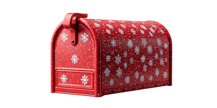 Festive Red Mailbox with Snowflake Pattern for Christmas Holiday Season Greetings and Winter Mail Delivery on Black Background