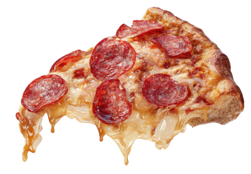 A slice of pepperoni pizza with melted cheese and dripping sauce