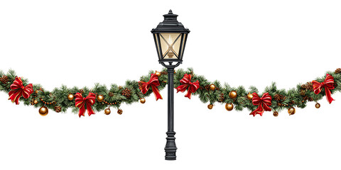Festive Christmas garland with red bows adorning a vintage lamppost, creating a holiday season atmosphere with traditional decorations and warm light