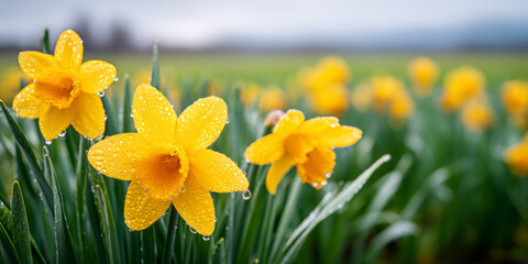 Obraz premium Bright Yellow Daffodils with Water Droplets in a Field at Dawn