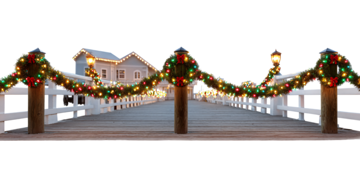 Festive Christmas garland and wreaths adorning a wooden pier at twilight, creating a warm holiday atmosphere with colorful lights and charming coastal architecture
