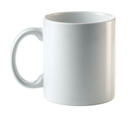 A clean, white ceramic mug with a rounded handle, ready for use