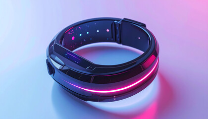 Close-up of a futuristic smartwatch with glowing digital screen on soft gradient background, highlighting fashion and technology