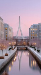 Twilight Cityscape With Illuminated Cable Stayed Bridge Reflecting In Canal Lined With Cherry Blossom Trees And Apartments