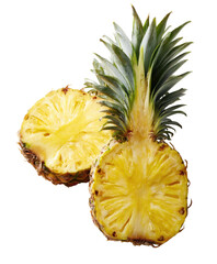 Juicy pineapple, split in half, revealing vibrant yellow flesh and green crown