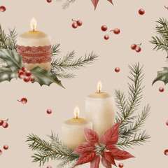 Christmas seamless pattern with cozy candles adorned with burgundy lace,fir branches,holly with red berries and red poinsettia flowers.Hand drawn illustration for xmas decor,background,wrapping paper