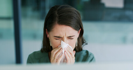 Sick, blowing nose and woman in office with tissue, influenza and cold congestion in allergy...